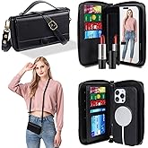 Lacass for iPhone 16 Detachable Crossbody Wallet Case, Compatible with MagSafe Magnetic 2 in 1 RFID Blocking PU Leather Wallet Cover Card Holder Zipper Make Up Mirror (Black)
