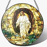 8 Inch He is Risen Resurrection of Jesus Sun Catchers, Stained Glass Window Hanging, Stained Glass Suncatchers for Windows, Christian Home Decor and Christmas, Christian Gift, Religious Gift