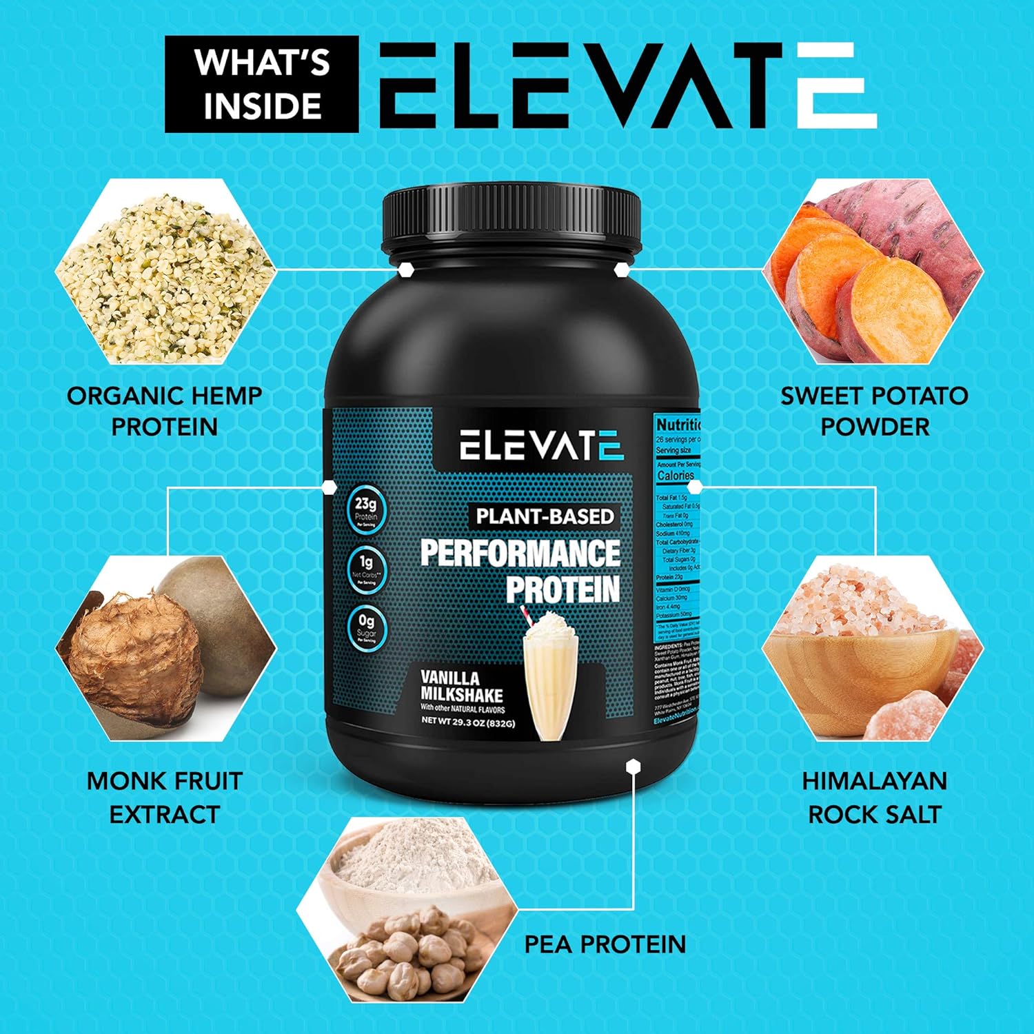 Plant Based Vegan Protein Powder with High BCAAs and Glutamine, Low Carb Protein Powder Vanilla Milkshake, Non GMO, NO Sugar, Dairy and Soy Free (26 Servings) - Elevate Nutrition: Health & Personal Care