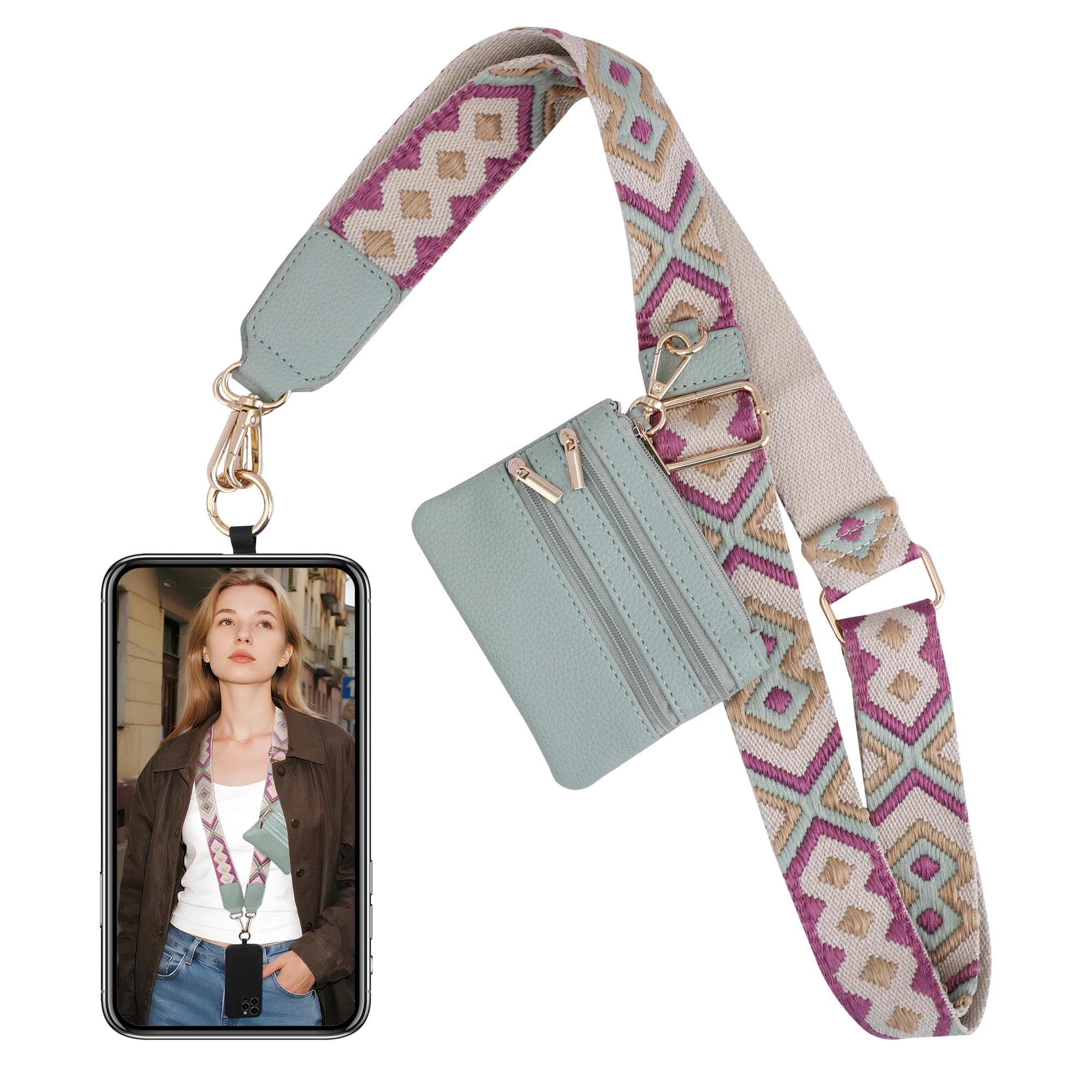 BARGIFTS Clip and Go Strap for Phone with Wallet Crossbody, Cell Phone Lanyard with Zippered Pouch, Adjustable Phone Strap Crossbody with Wallet