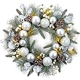 YULETIME 20-inch Christmas Wreath, Battery Operated Holiday Wreath with 20 Fairy Lights, Silvery Baubles, White Berries, Pine Cones, Silvery Leaves, Frosted Spruce Branches & Pine Needles (Silver)