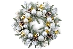 YULETIME 20-inch Christmas Wreath, Battery Operated Holiday Wreath with 20 Fairy Lights, Silvery Baubles, White Berries, Pine Cones, Silvery Leaves, Frosted Spruce Branches & Pine Needles (Silver)