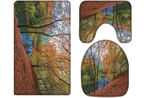 A.Monamour Autumn River Park Nature Scenery Landscape Gold Fallen Leaves Forest Trees Art Print Soft Flannel Toilet Seat Covers Toilet Lid Covers Cushions Pads Bath Mat Rug for Toilet Accessories