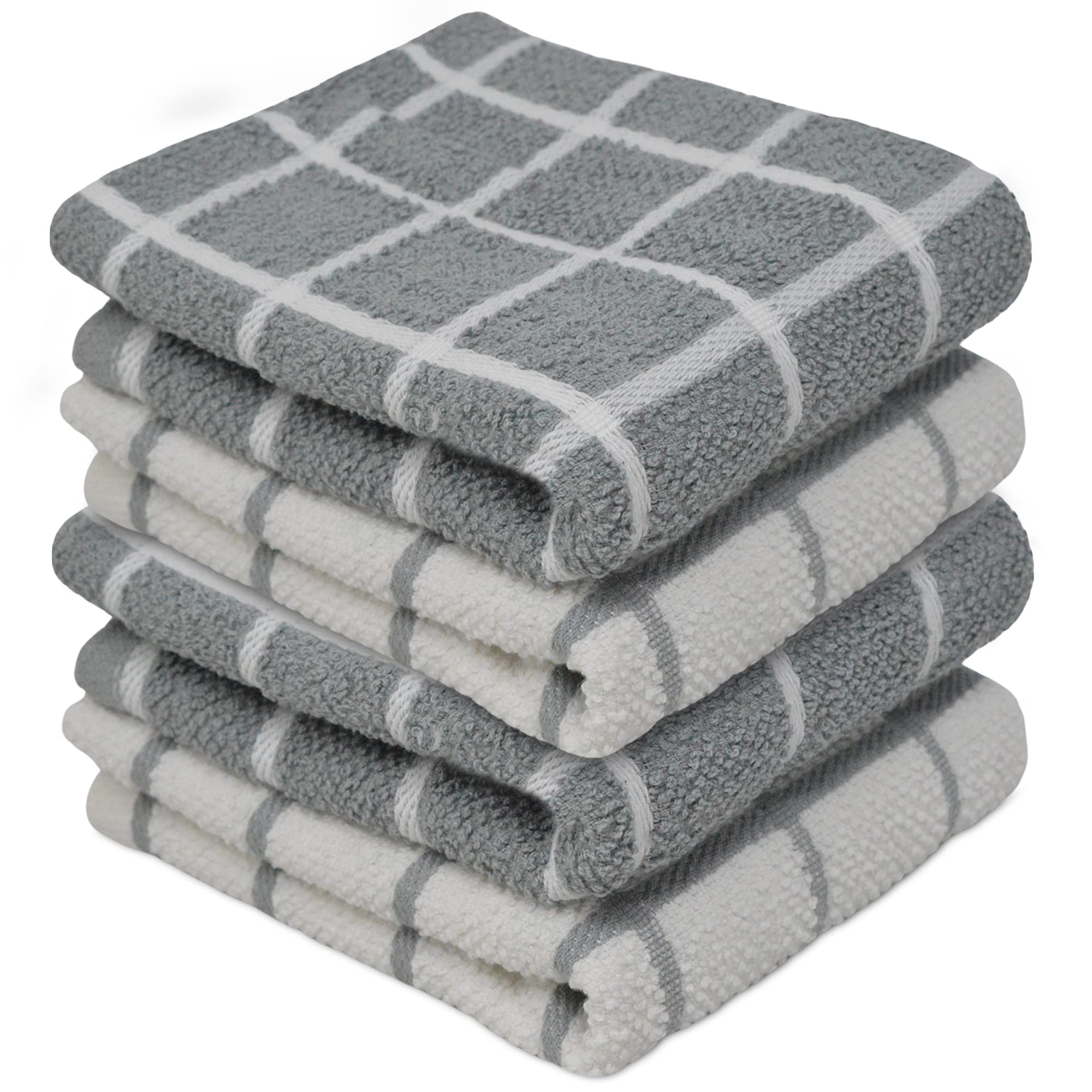 Towelogy® Premium Tea Towels for Kitchen 100% Cotton Lint Free Large Grey/White Jumbo Check Dishcloths Tear Resistant & Ecofriendly 45x65 cm (Grey/White, 4)