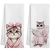 WOTYPU Pink Tabby Cat Bathroom Hand Towels, Gifts for Cat Mom Lovers, Trendy Bathrobe Cats Decorative Hand Towels for Girls Guest Bathroom Washroom Power Room Vanity Half Bath, 16x24 Inch Set of 2