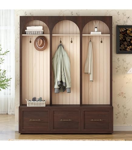 Amazon.com: Merax Farmhouse Wood Hall Tree with 8 Hooks and Shoe