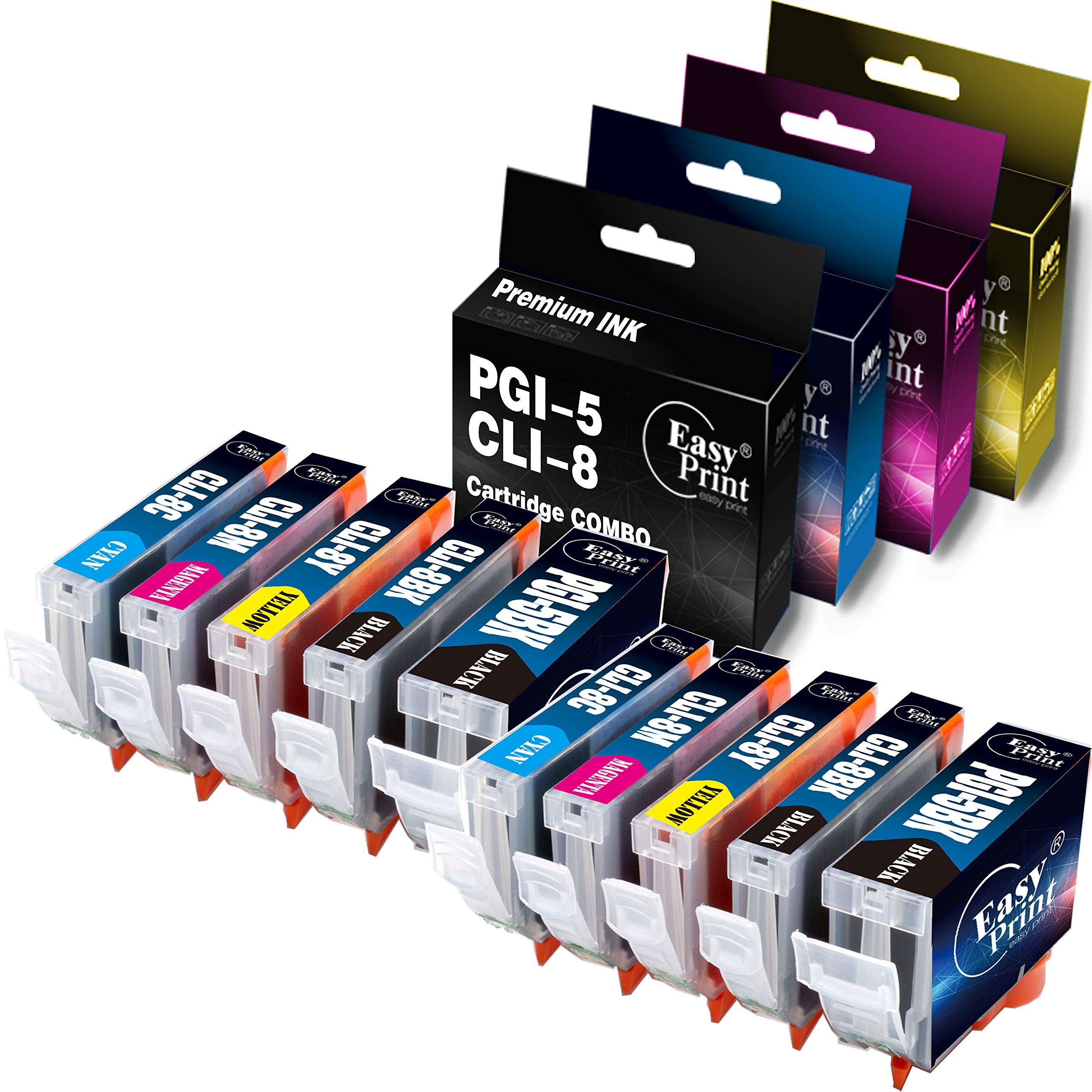 Photo 1 of EASYPRINT 10-Pack Compatible PGI-5 CLI-8 PGI5 CLI8 Ink Cartridges Work for Canon PIXMA IP4300 IP4500 IP5200 IP6600D MP600 MP960 Pro9000 Printer (2 Big BK, 2 Small BK, 2 Cyan, 2 Magenta, 2 Yellow)