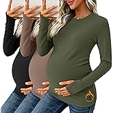 Oakgarden 3 Pack Women's Maternity Thermal Long Sleeve Shirts Crew Neck Fleece Lined Pregnancy Top with Thumb Hole Winter