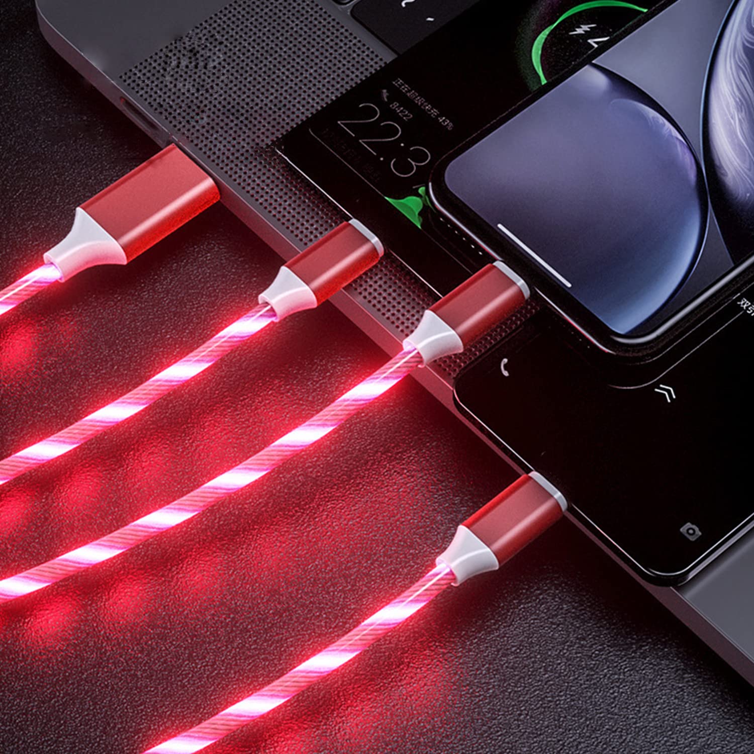 Aiivioll 3-in-1 LED USB Cable, Flowing LED Charging Cable, 1.2m USB Fast Charging Cable for Phone, Android, Micro USB, Type-c, Smartphone and Tablet (Red 1.2m)