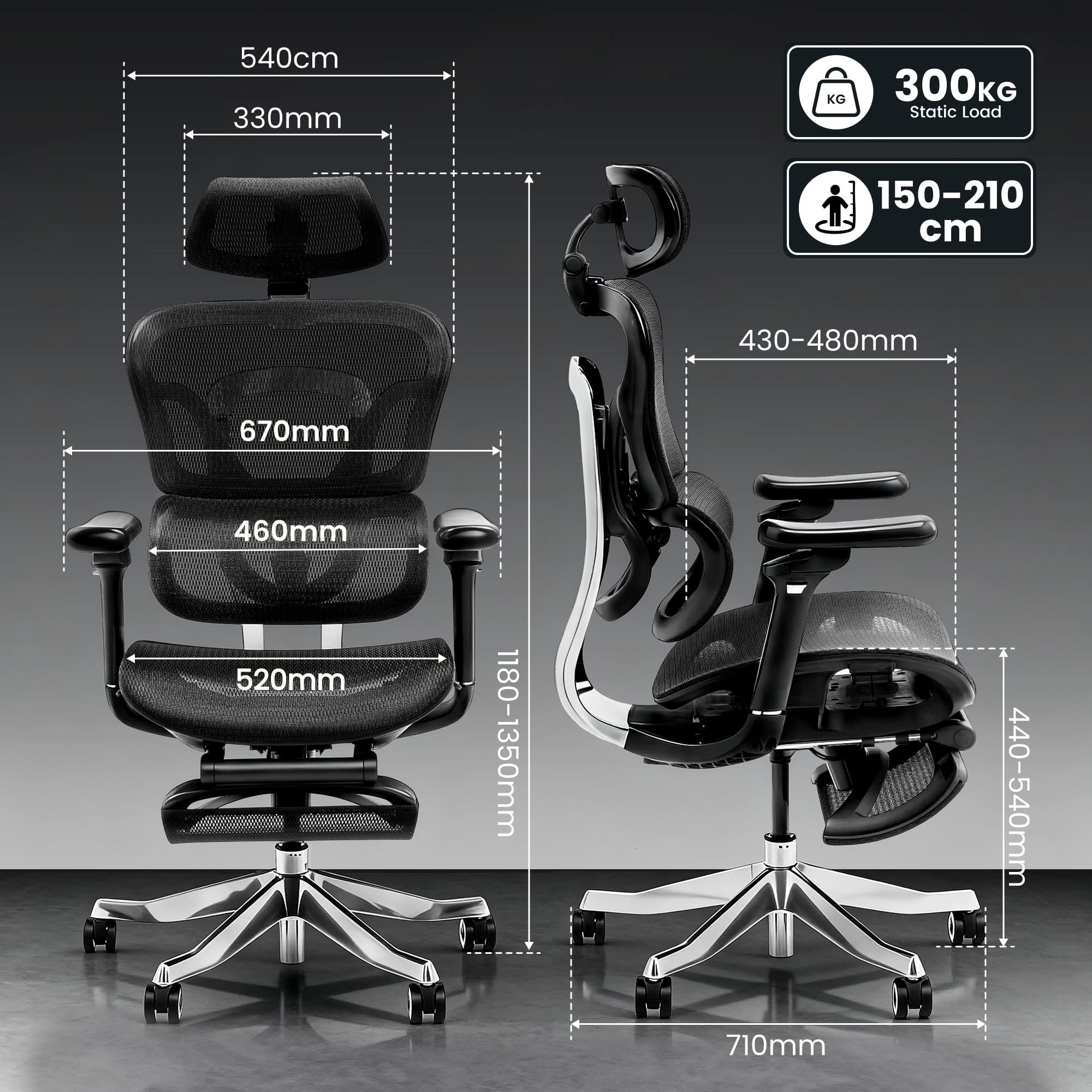 FLEXISPOT Ergonomischer Stuhl bis 300 kg, mit Fußstütze 4D Kopfstütze & 5D Armlehnen,Einteiliger Rücken- & Lendenstütze Bürostuhl für Büro und Gaming, ErgoX Max, Schwarz 6