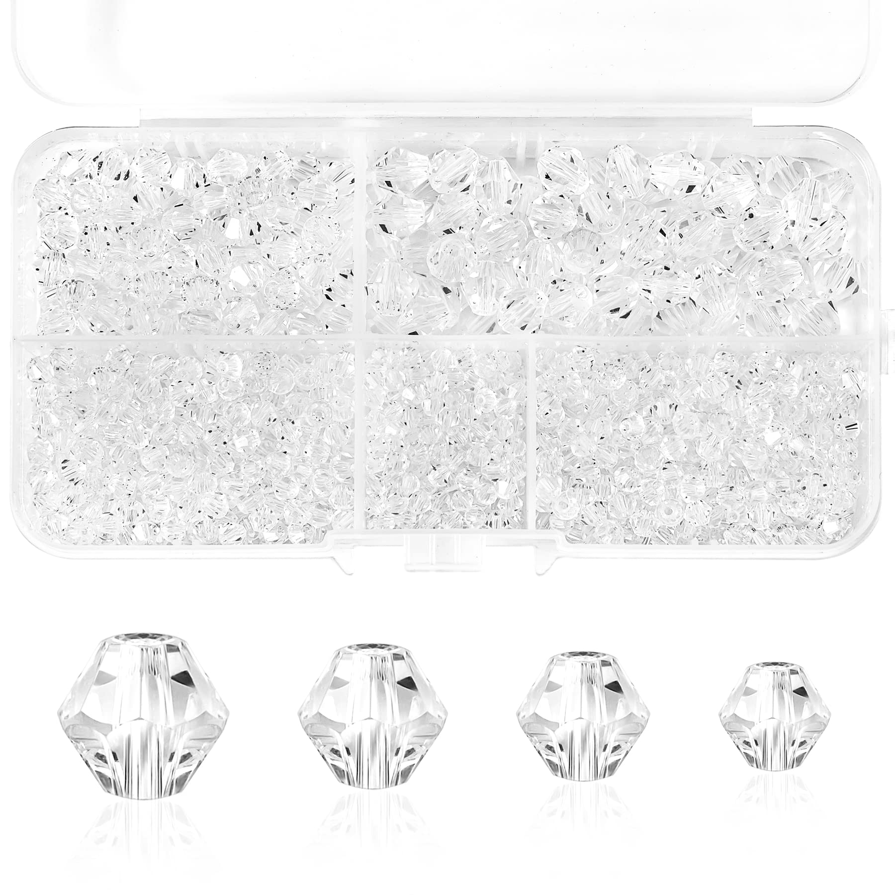 MissAudrey Bicone Crystal Beads for Jewelry Making, Lot 850pcs 3mm 4mm 6mm 8mm Clear White Faceted Bicone Shaped Glass Beads for DIY Craft Bracelets Necklaces Earrings Suncatcher Beading