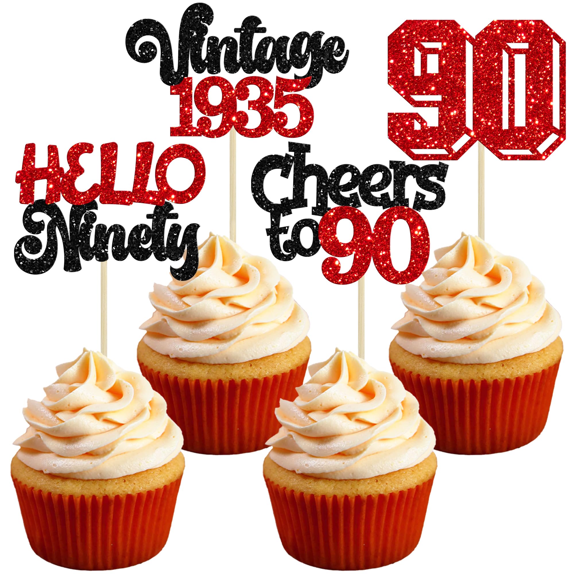 Photo 1 of Gyufise 24Pcs Happy 90th Birthday Cupcake Toppers Star 90 Hello Ninety Vintage 1935 Cupcake Picks Cheers to 90 Years Decorations for 90th Birthday Anniversary Party Decorations Supplies Red