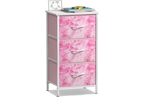 Sorbus Nightstand Storage Organizer Chest with 3 Drawers - Kids Girls, Boys Bedroom Furniture Chest for Clothes, Closet Organization - Steel Frame, Wood Top, Tie-dye Fabric Bin (3-Drawer, Pink)