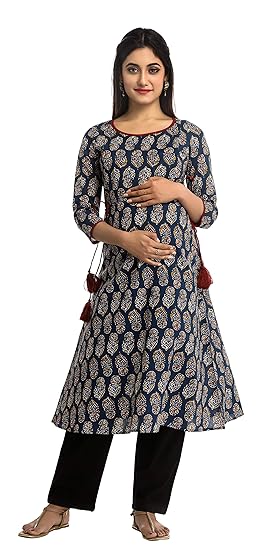 Women's Cotton Printed A-Line Maternity Kurta/Easy Breast Feeding/Breastfeeding Kurti/Ethnic Dress with Zippers for Nursing Pre and Post Pregnancy (Blue)