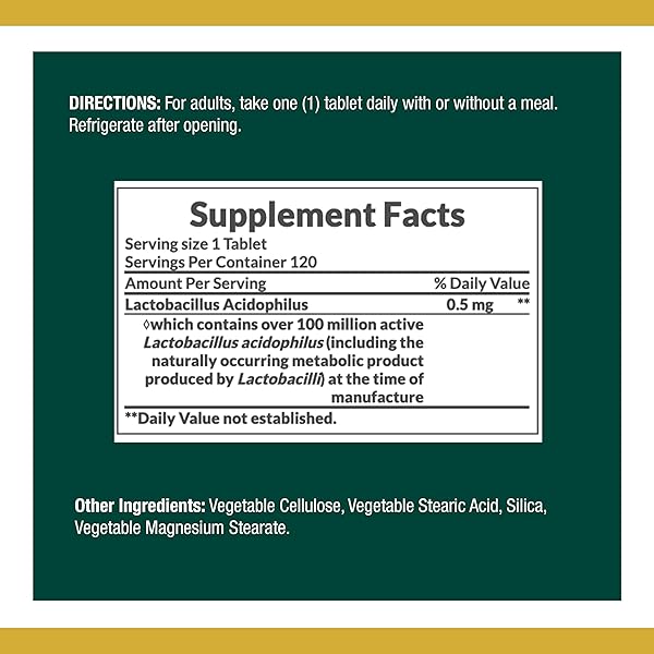NATURE’S BOUNTY LACTOBACILLUS ACIDOPHILUS PROBIOTIC SUPPLEMENT – DAILY PROBIOTIC FOR WOMEN/MEN DIGESTIVE HEALTH, 100 MILLION ORGANISMS, VEGETARIAN, 1 SERVING PER DAY, 120 TABLETS