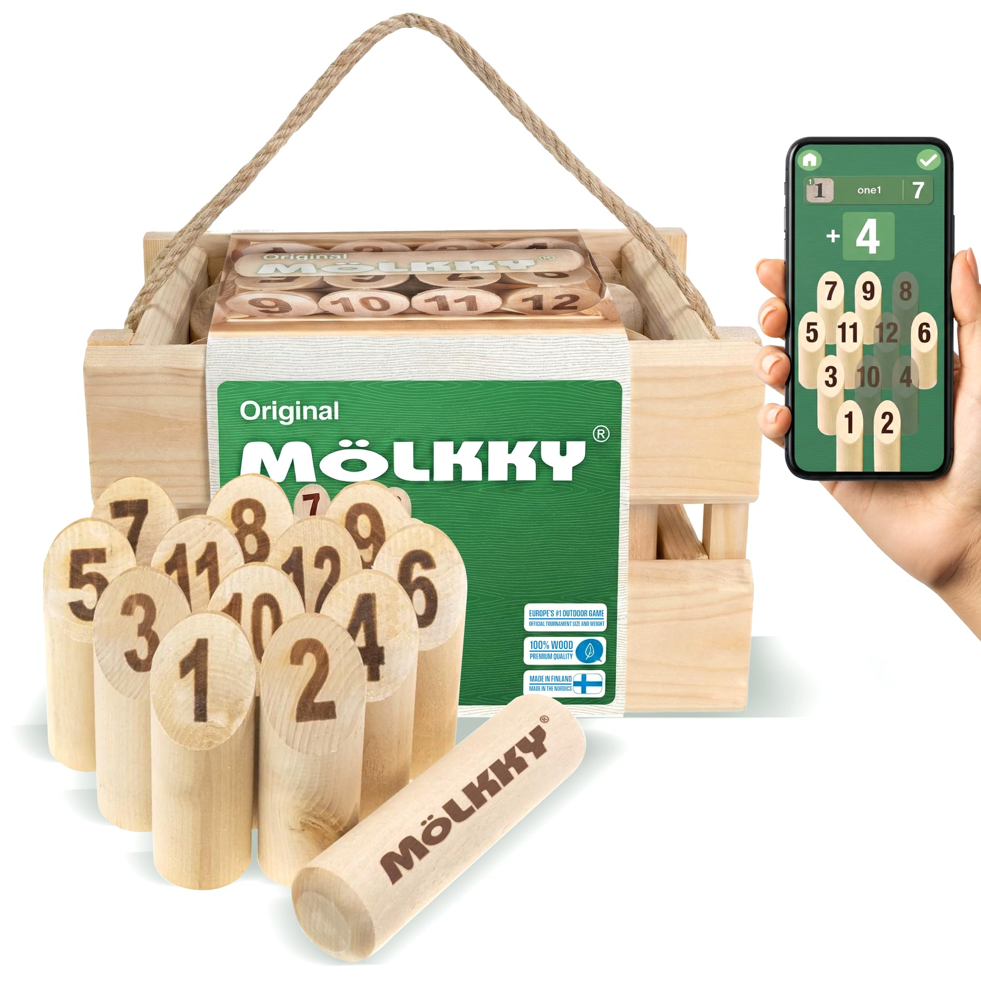 Mölkky Original - Birch Wood 12 Skittles, 1 Stick - Wooden Throwing Game for Outdoor, Garden, Picnic, Beach, Lawn, Leisure, Party - Molkky Game for Family, Groups, 2+ Players, 6+ Age