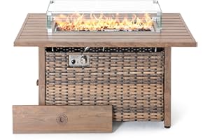 Nuu Garden 43 Inch Propane Fire Pit Table CSA Listed 50000 BTU Gas Fire Pit with Lid Glass Wind Guard Fire Glass Beads 2 in 1 Rectangular Outdoor Fire Table for Backyard Patio Brown
