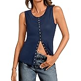 ADORPOP Tank Tops for Women Dressy - Waffle Knit Vest Shirts Snap Button Down Sleeveless Blouse Summer Casual Going Out Top