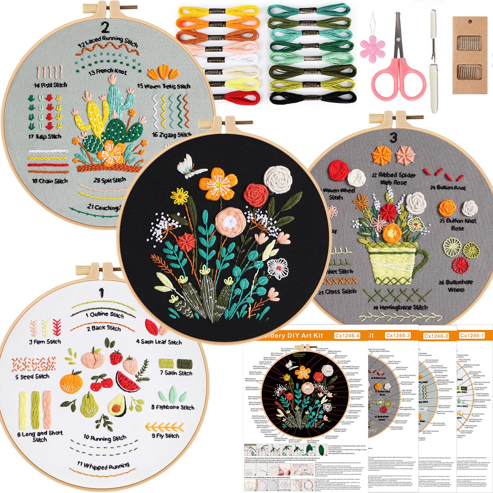 Smart-Feather 4 Sets Stitches Embroidery kit for Beginners, Hand Embroidery Kits for Adults with Hoop, DIY Art Project Craft Kit (Colorful)