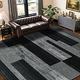 LIANLAM 8x10 Washable Area Rugs for Living Room &amp; Bedroom(8x10,Black&amp;Gray) | Non-Slip Large Carpet,Vintage Checkered Pattern, Stain Resistant Faux Wool Low Pile Soft Rug for Dining Room,Office,Nursery