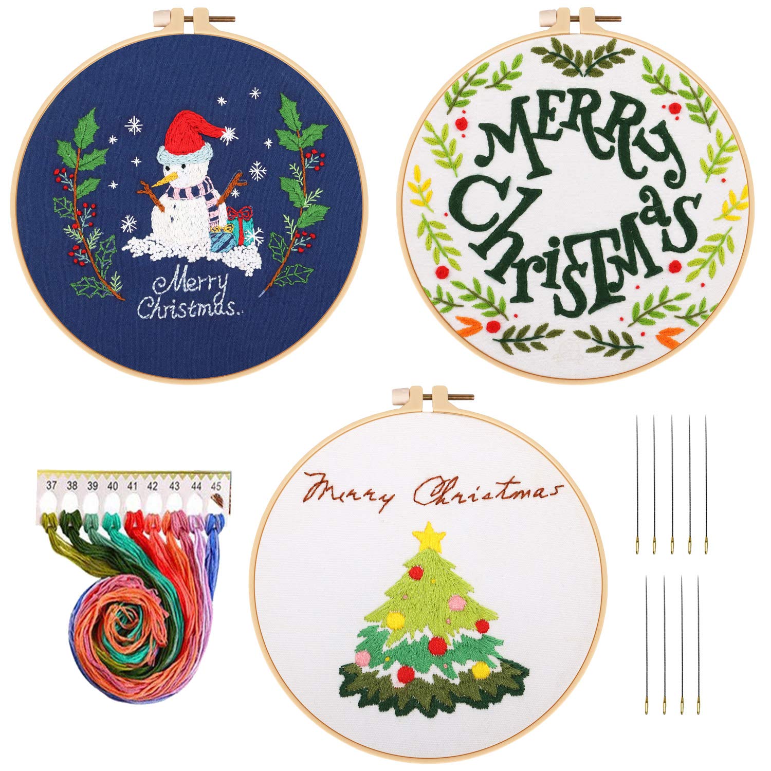 HaiMay 3 Sets Embroidery Starter Kit with Pattern and Instructions, Cross Stitch Kit Include 3 Embroidery Clothes with Floral Pattern, 3 Bamboo Embroidery Hoops, Color Threads and Tools