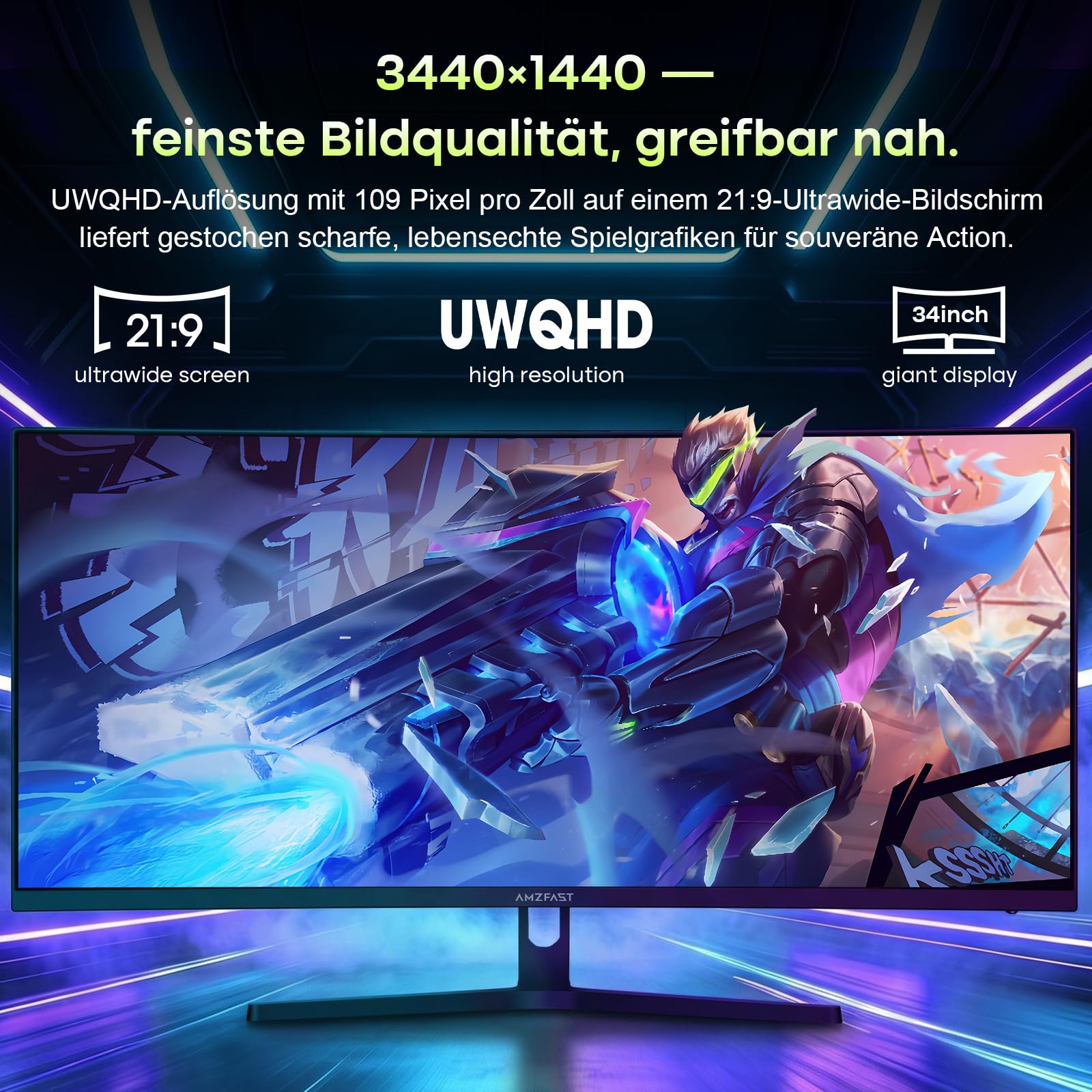 Amzfast 34 Zoll Curved Gaming Monitor, 3440x1440 UWQHD, 240Hz, 1ms MPRT, 1500R VA Curved, 21:9, 3000:1 Kontrast, 130% sRGB, HDR 400, Adaptive Sync, Pip/PBP, HDMI2.1&DP1.4, VESA 75x75mm, AMZG34C5QPro 3