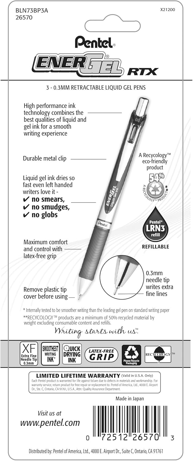 Pentel Gel Ink Pen, Retractable Gel Pen, (0.3mm) Needle Tip, Extra Fine Point, Black Ink, 3-Pk (BLN73BP3A): Office Products
