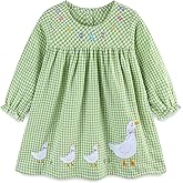 FreeLu Toddler Girls' Cotton Gingham Duck Embroidery Dress Long Sleeve Plaid Casual Dresses for 2-7 Years