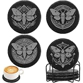 Hushee 4 Pcs Moth Gothic Slate Coasters, 4 Inch Round with Holder | Laser Engraved Stone Slate Coasters with Anti-scratch Bottom, Gothic Moth Design for Bar Kitchen Office, Metal Holder