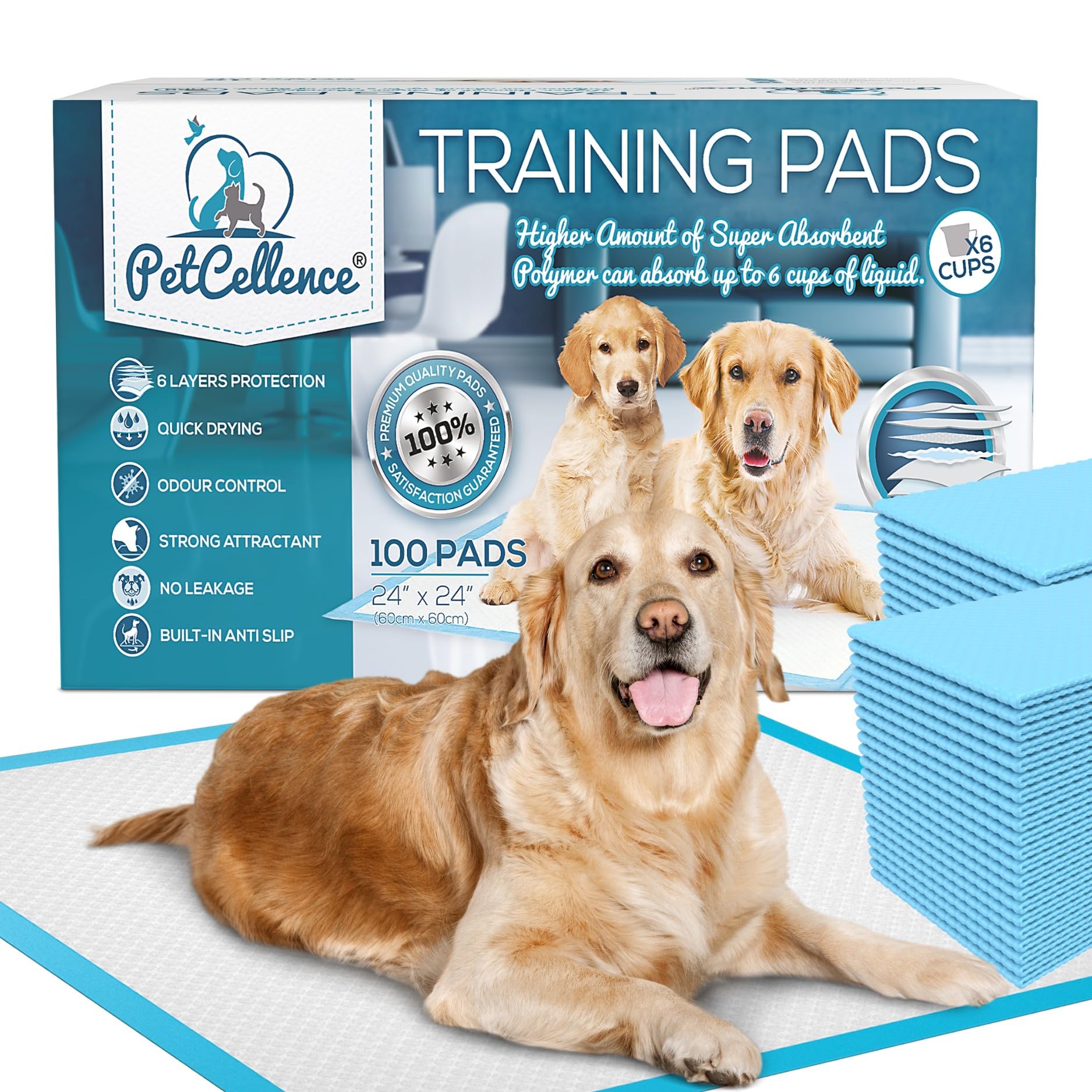 PetCellence Puppy Training Pads 100 Pack - Large 60 x 60cm Super Absorbent Dog Pads - with Advanced 6 Layer Leak Proof Protection - Anti Slip Adhesive Tabs