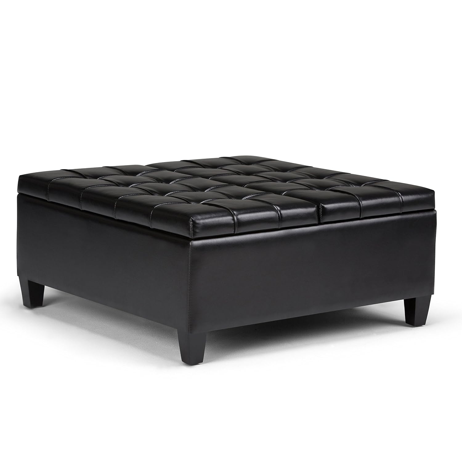 Simpli Home AXCOT-265-DBL Harrison 36 inch Wide Traditional Square Storage Ottoman in Distressed Black Faux Air Leather