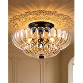 GloMuse Semi Flush Mount Ceiling Light 11.8" Vinatge Black Hallway Lights | Mid Century Modern Light Fixture Amber Glass Close to Ceiling Lighting Fixtures for Bedroom Hallway Kitchen Laundry Room