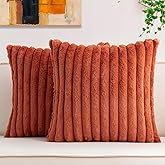 Aegero Pack of 2 Faux Fur Christmas Throw Pillow Covers 18x18 Inch, Soft Plush Striped Neutral Couch Pillow Cover, with Velvet Back Modern Home Decor for Sofa Living Room Couch Bed Rust