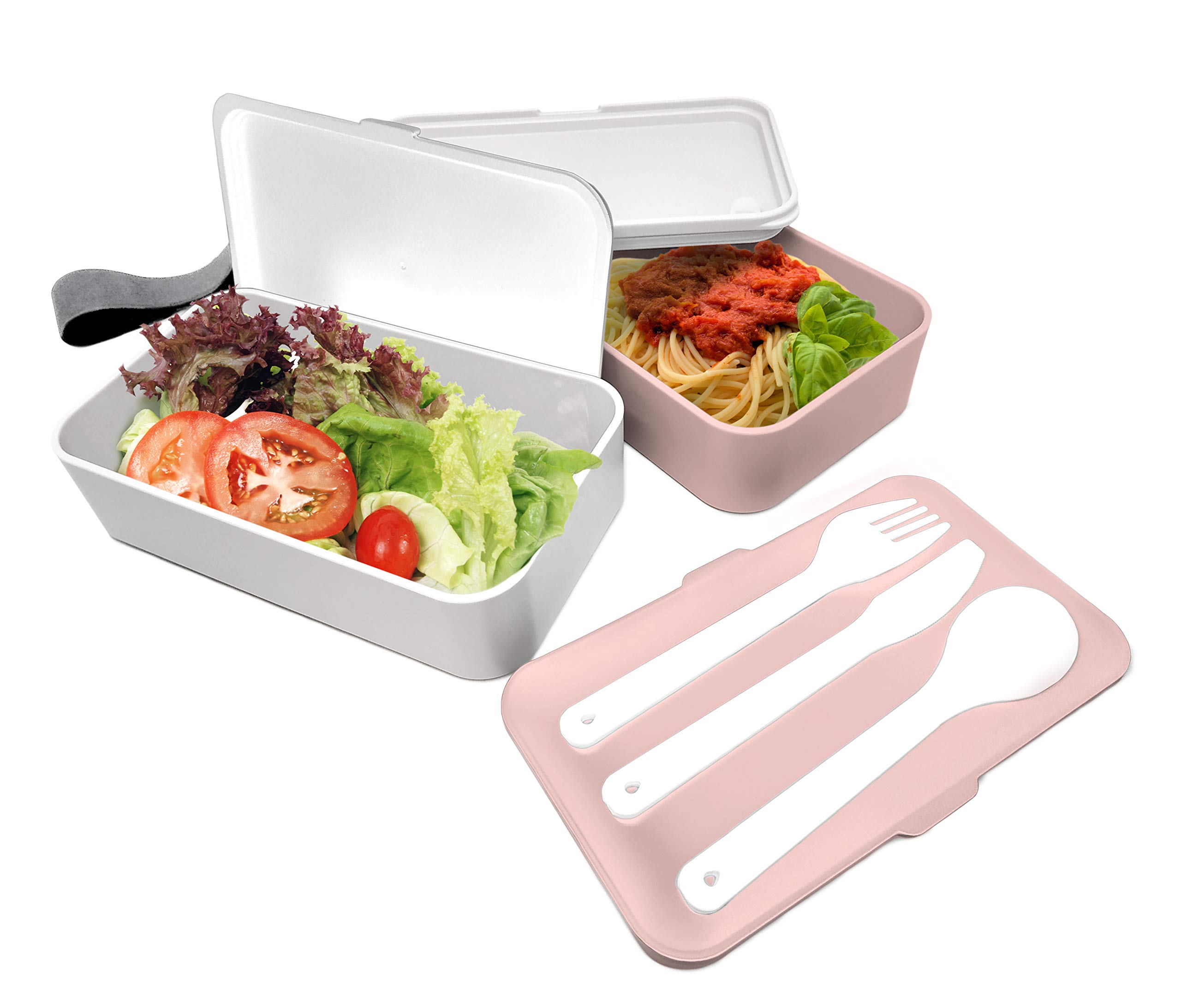 NERTHUS FIH 667-Lunch Box Double, 2 Airtight and 3 Solid Cutlery, Microwave and Dishwasher, Durable, Healthy and Beautiful, Suitable for Adults and Children, Pink, 18.5 x 11.1 x 10 cm