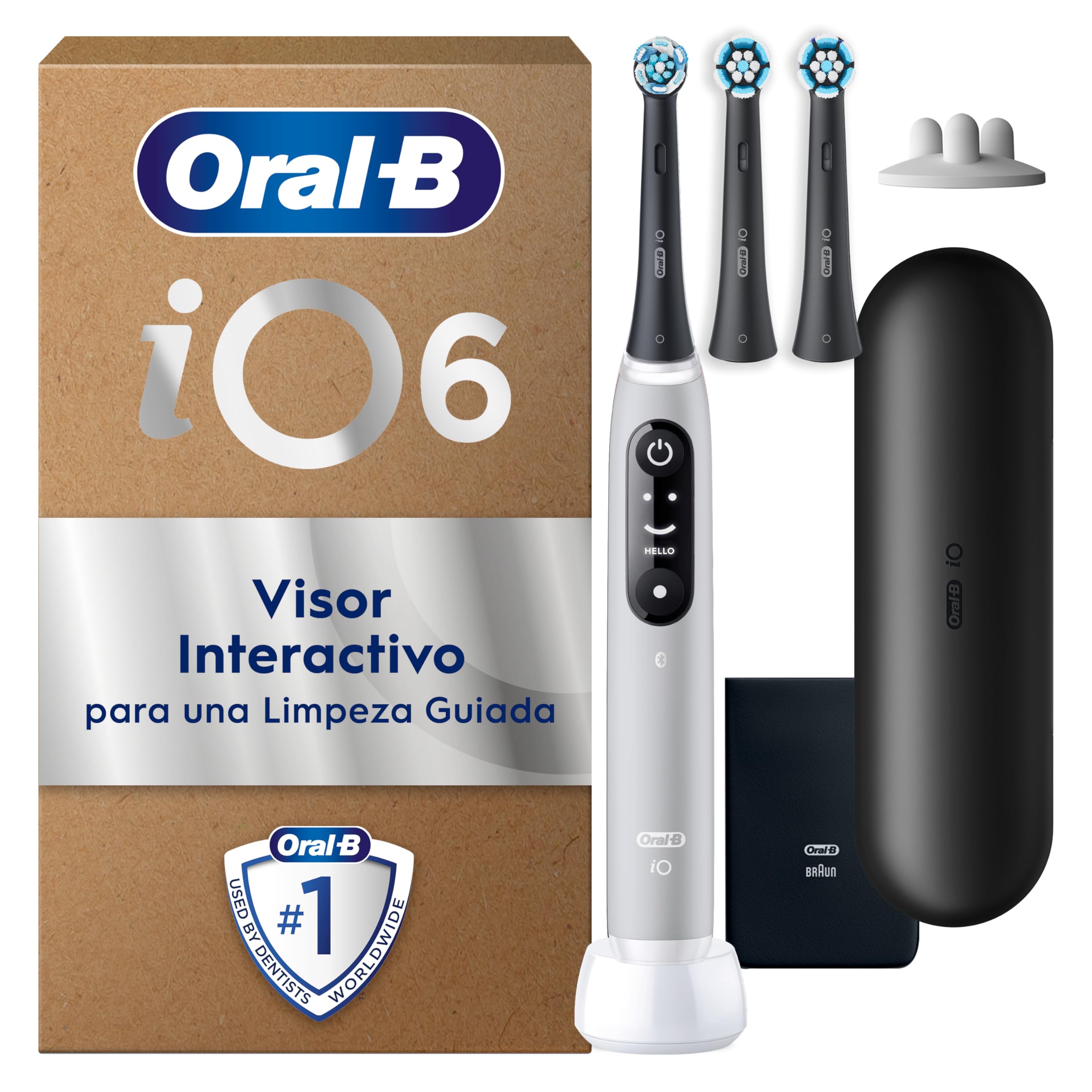 Oral-B iO 6 Cepillo de Dientes Eléctrico Gris Con Mango Recargable, 3 Cabezales y 1 Estuche de Viaje, 5 Modos De Cepillado Con Blanqueamiento Dental, Sensor De Presión, Diseñado por Braun