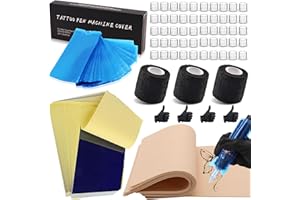 Rayyl Tattoo Practice Skin Transfer Paper Tool Kit - 66Pcs Include Tattoo Fake Skins with Transfer Paper Machine Pen Covers and Ink Cups Grip Tapes Tool Kit for Beginners & Artists