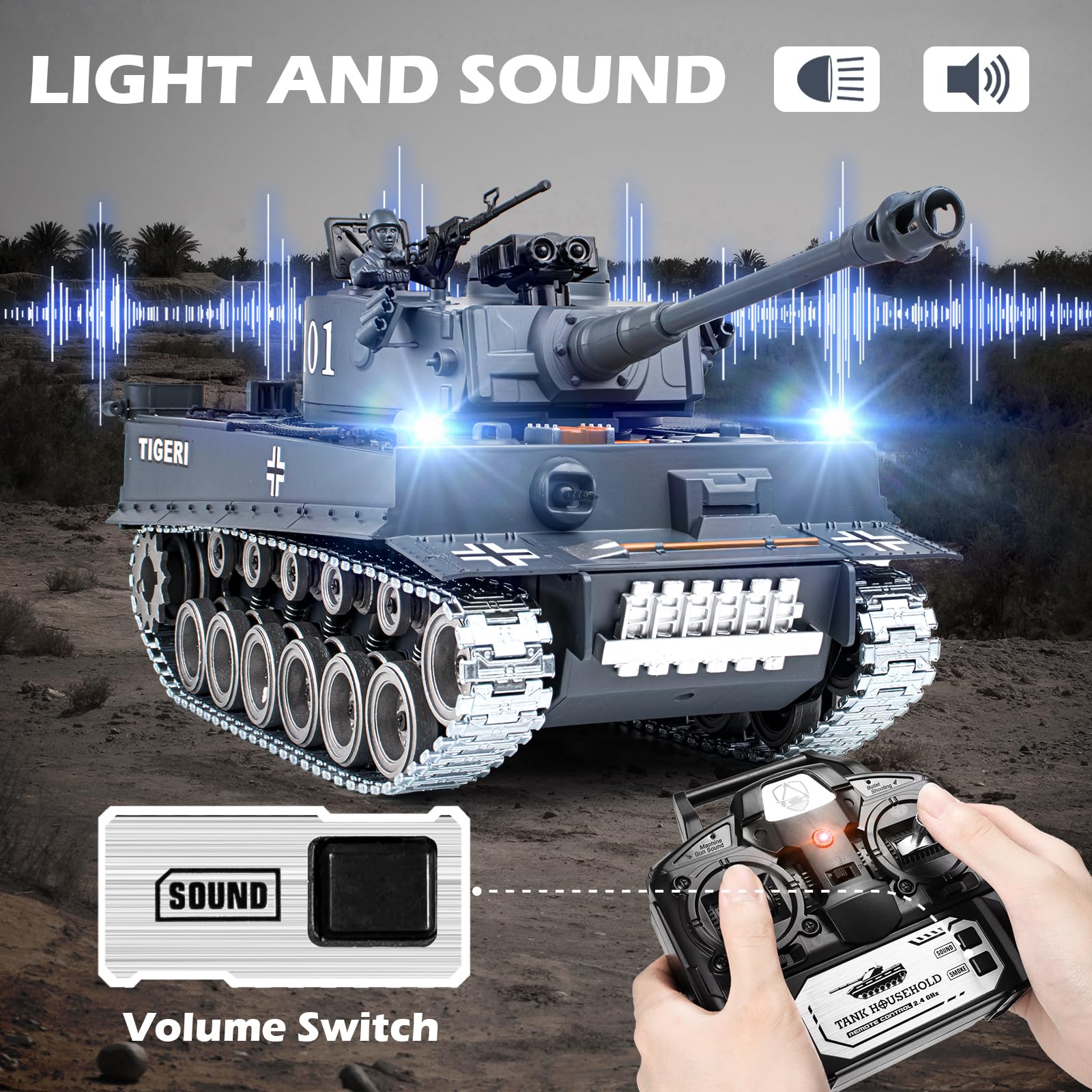Supdex RC Tank, 1:18 Alloy Metal German Tiger I Remote Control Army Model Toys, 2.4Ghz RC Vehicle with Smoke, Sound and Lights, Military Tank That Shoots BBS and Water Bombs for Adults and Kids