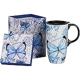 Topadorn Ceramic Travel Mug Coffee Cup with Lid and Matching Box, 17oz Microwave & Dishwasher Safe Coffee Tumbler, Butterfly