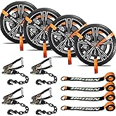 IBITION 4 Pack Car Tie Down Straps for Trailers with Heavy Duty Chain Anchors 2" x 96" - 3,300 lbs Safe Working Load -Adjustable Wheel Straps with Chain Hook Anchors for Trailers.Orange