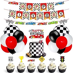 Race Car Party Decorations Supplies Racing Party Banner Race Car Birthday Cake Topper Checkered Flags Balloons for Let's go Racing Theme Sports Event Party Supplies