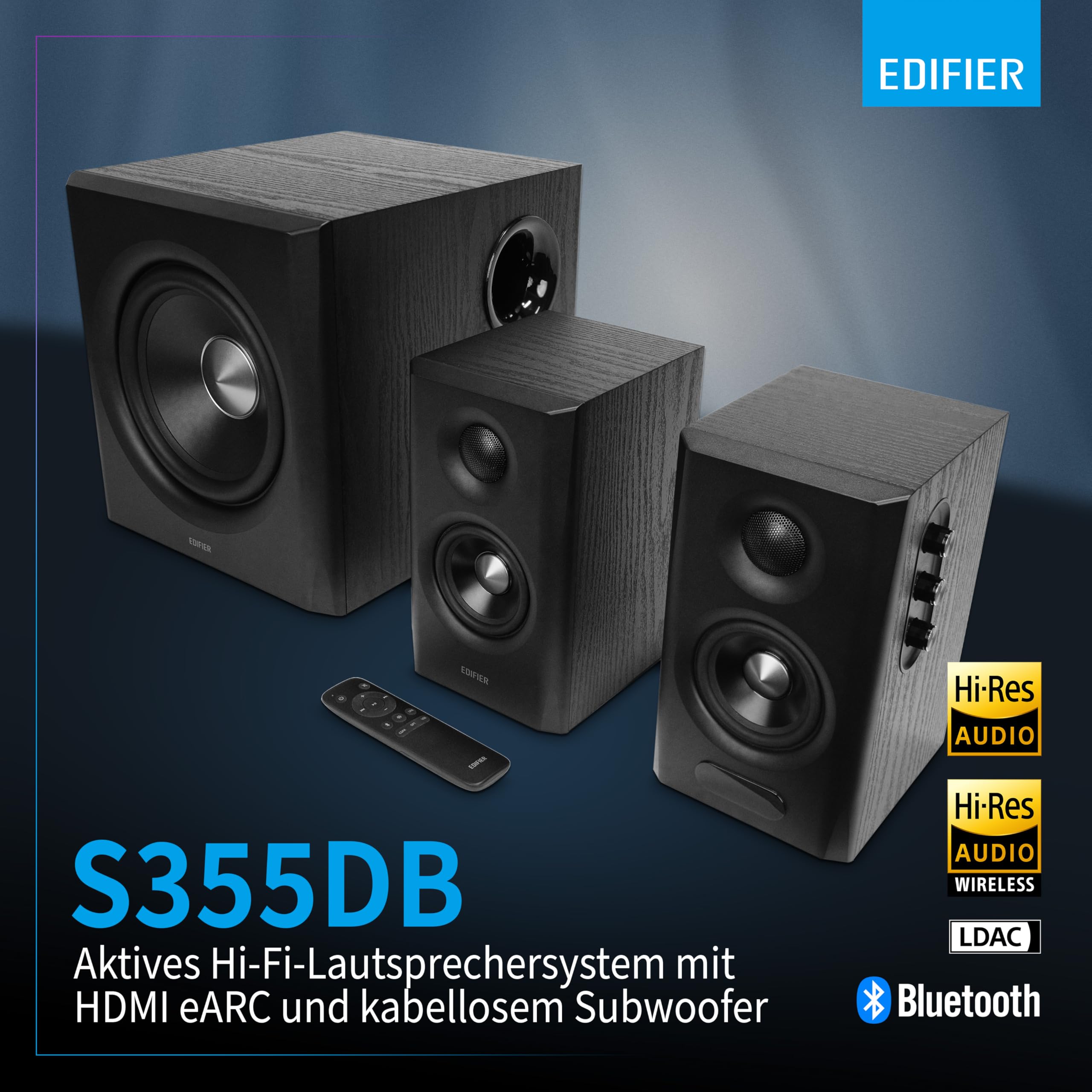 Edifier S355DB 2.1 Hi‑Res Lautsprechersystem – 150W RMS, 5.8GHz Wireless Subwoofer, HDMI eARC, LDAC Bluetooth 6.0, USB‑C, Optisch, Coaxial, Tri‑Amp DSP, Premium Design (Schwarz) 3