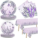 98 Pcs Purple Party Supplies Lavender Paper Plates Napkins Tablecloths Watercolor Floral Tableware Table Cover Set for Spring Summer Girl Baby Shower Birthday Party Decorations for 24 Guests