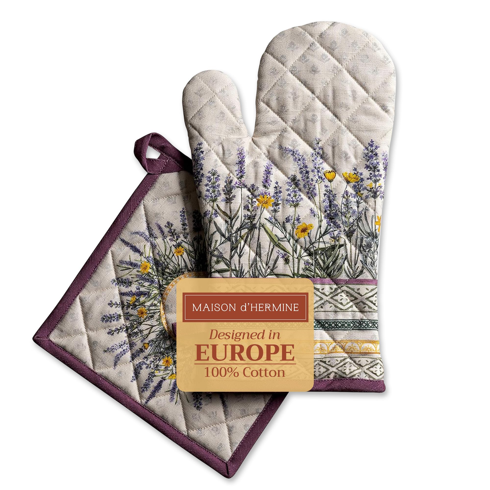 Maison d' Hermine 100% Cotton Oven Mitt & Pot Holder Set (19 x 33 cm & 20 x 20 cm) Heat Resistant BBQ Cooking Gloves with Loop for Baking Handling Hot Pans Gifts for Mothers Day (Fanny Lavender)