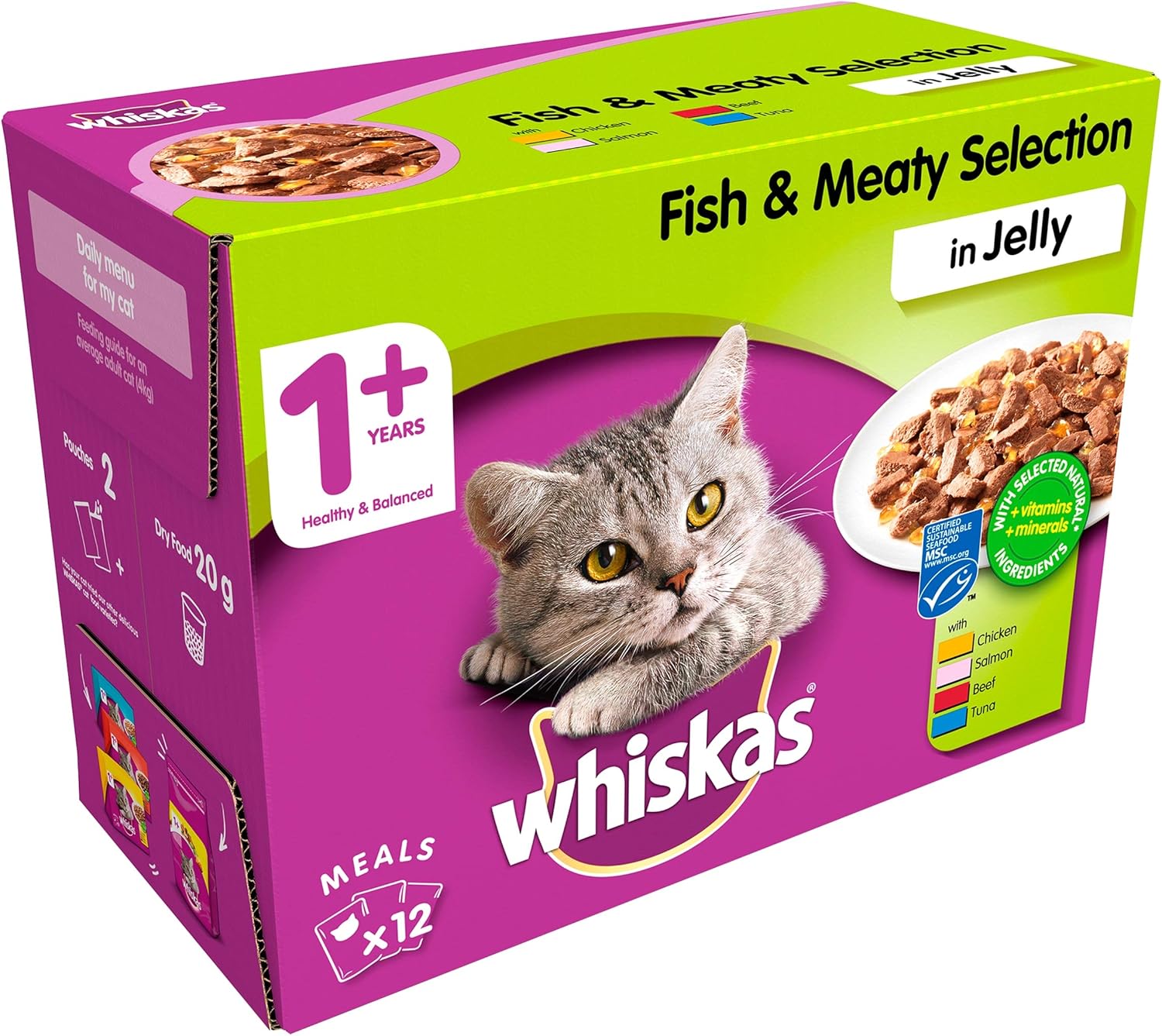 Whiskas 1+ - Wet Cats Food for Adult Cats - Fish and Meaty Selection in Jelly - 12 x 100 g, 100 g (Pack of 12)