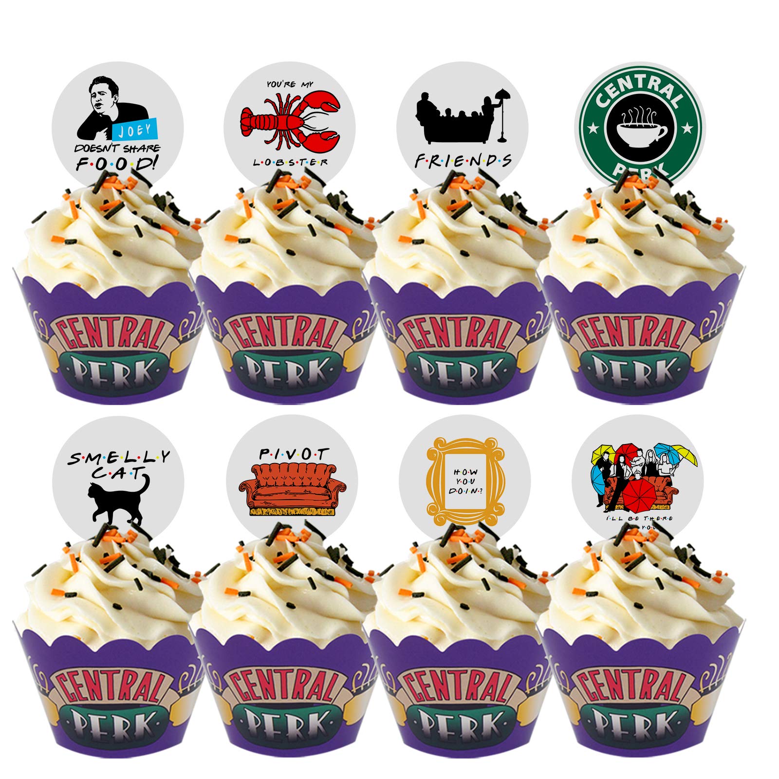 Photo 1 of 64 PCS Cupcake Toppers and Wrappers for Friends TV Show Themed Set (32 of each), Cute Party Supplies for Friends Themed Birthday Party or Bridal Shower Decoration