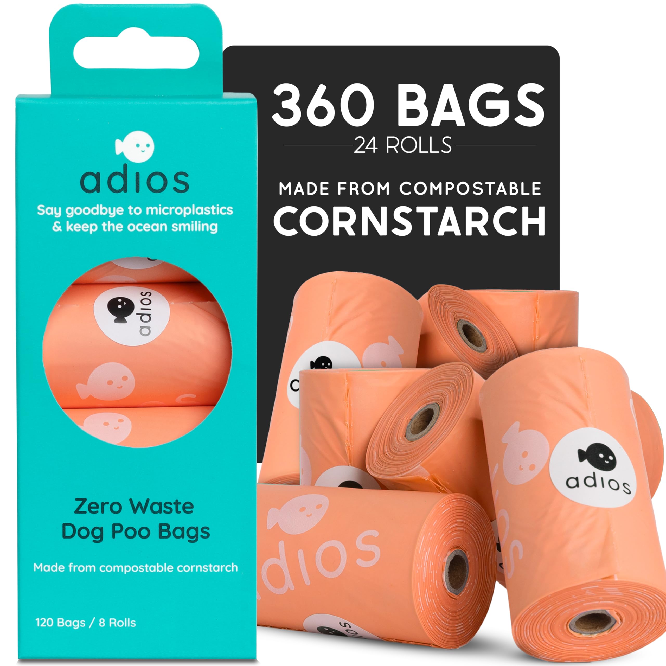 Adios - Compostable Dog Poop Bags, 360 Count (24 Rolls) - Coral Colour - Extra Thick, Leakproof, Odour Proof Dog Waste Bags - Made from Compostable Cornstarch - Easy Tear Rolls