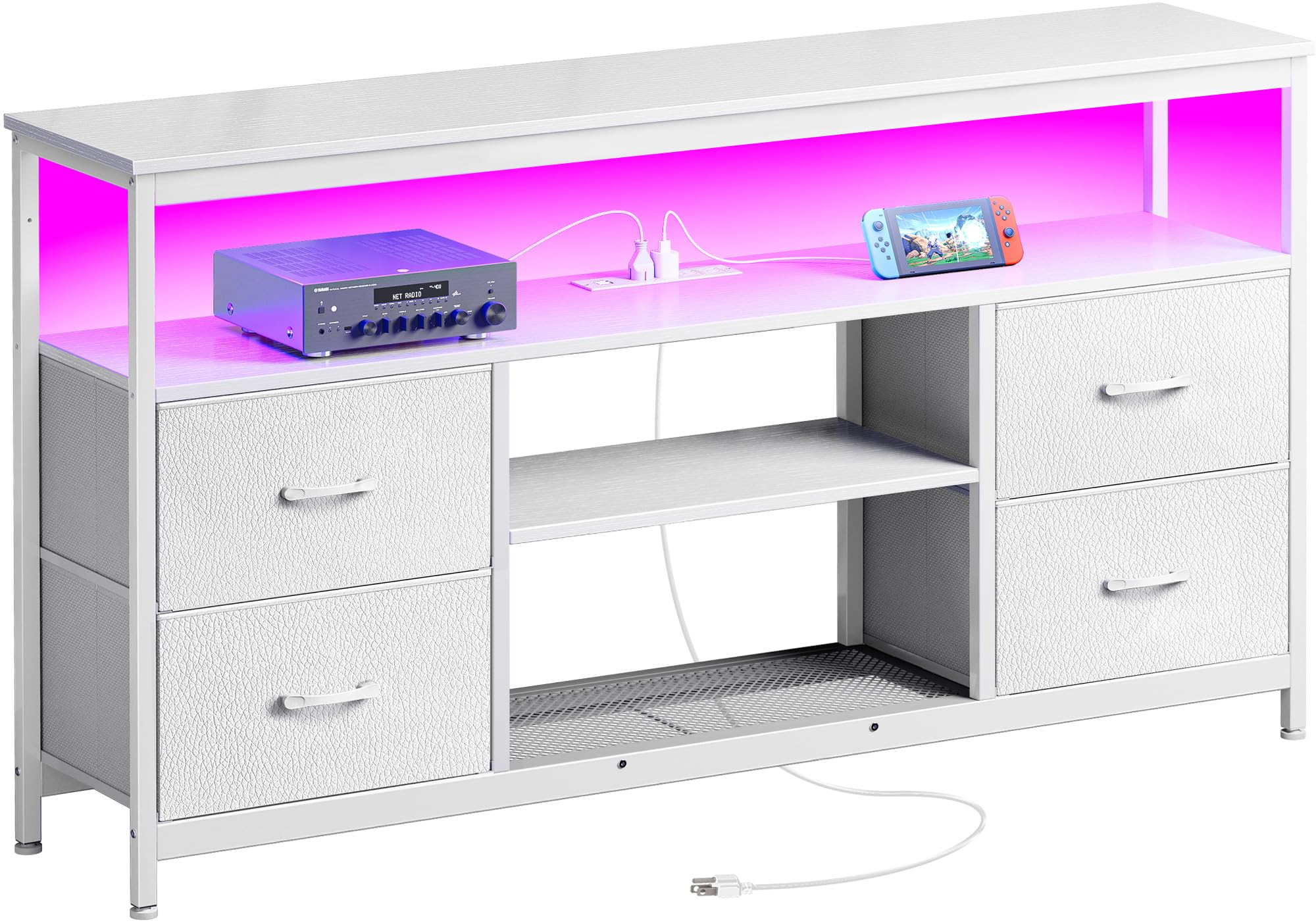 Huuger TV Stand Dresser with Power Outlets and LED Lights, 4 Drawers Entertainment Center with Shelves, 54 Inch Media Console for 55 60 Inch TV, 4 AC Outlets, 2 USBs, Dresser with PU Finish, White Image