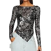 Women's Long Sleeve See Through Glitter Tops Ladies Boat Neck Mesh Sheer Sparkly Sexy Tight Blouses