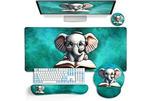 LIMKRIAN Desk Mat Desk Pad, Large Gaming Mouse Pad with Wrist Rest Wrist Support, Ergonomic Mouse Pad Keyboard Mat Wrist Rest, Cup Coaster, Home Office Desk Accessories Decor Supplies, Cute Elephant