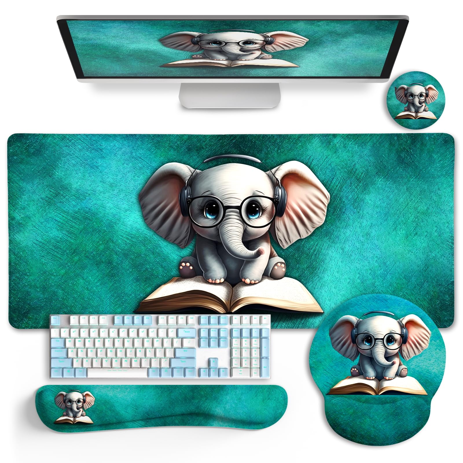 Photo 1 of LIMKRIAN Desk Mat Pad, Large Gaming Mouse Pad with Wrist Rest Wrist Support, Ergonomic Mouse Pad Keyboard Mat Wrist Rest, Cup Coaster, Home Office Desk Accessories Decor Supplies, Cute Elephant